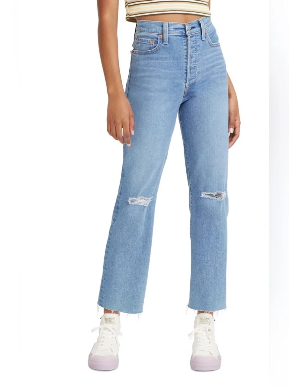 Levi’s Ribcage Straight Ankle Distressed Raw Hem Button Fly Jeans Size 24 Denim